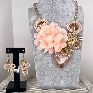 Elegant Pink Floral Necklace and Earring Set